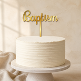 Baptism Gold Mirror Acrylic cake topper displayed on a cake