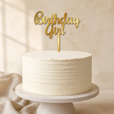 Birthday Girl Gold Mirror Acrylic cake topper displayed on a cake