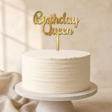 Birthday Queen Gold Mirror Acrylic cake topper displayed on a cake