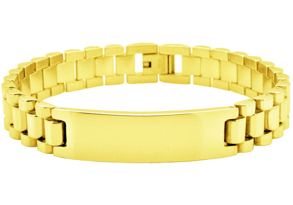 Men's gold stainless steel ID link bracelet with engravable plate