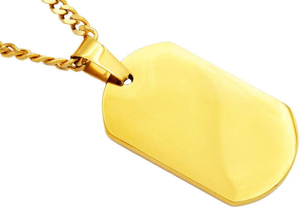 Men's gold stainless steel dog tag pendant necklace with 24-inch gold curb chain