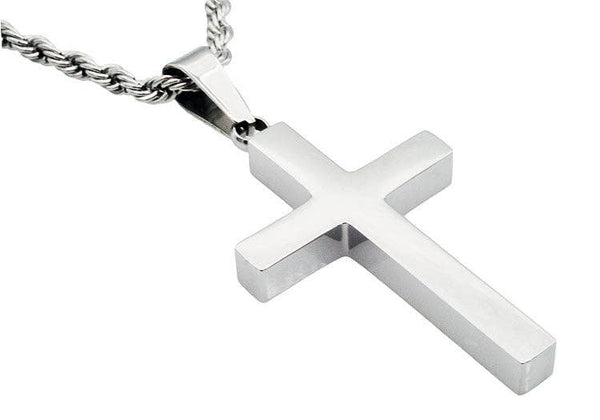 Men's stainless steel cross pendant on a 24-inch rope chain