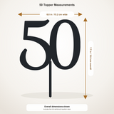50 cake topper measurements: 6.00 inches wide by 7.72 inches tall, including stem