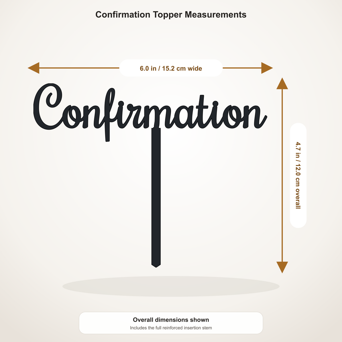 Confirmation cake topper measurements: 6.00 inches wide by 4.73 inches tall, including stem
