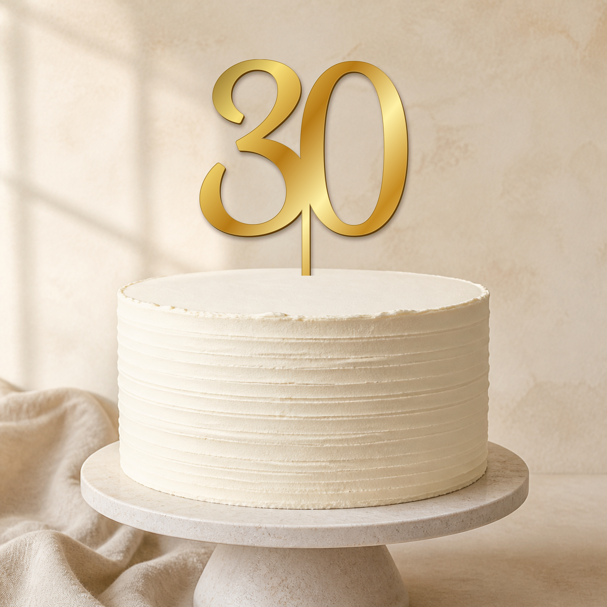 30 Gold Mirror Acrylic cake topper displayed on a cake