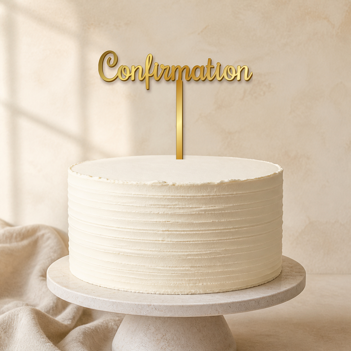 Confirmation Gold Mirror Acrylic cake topper displayed on a cake