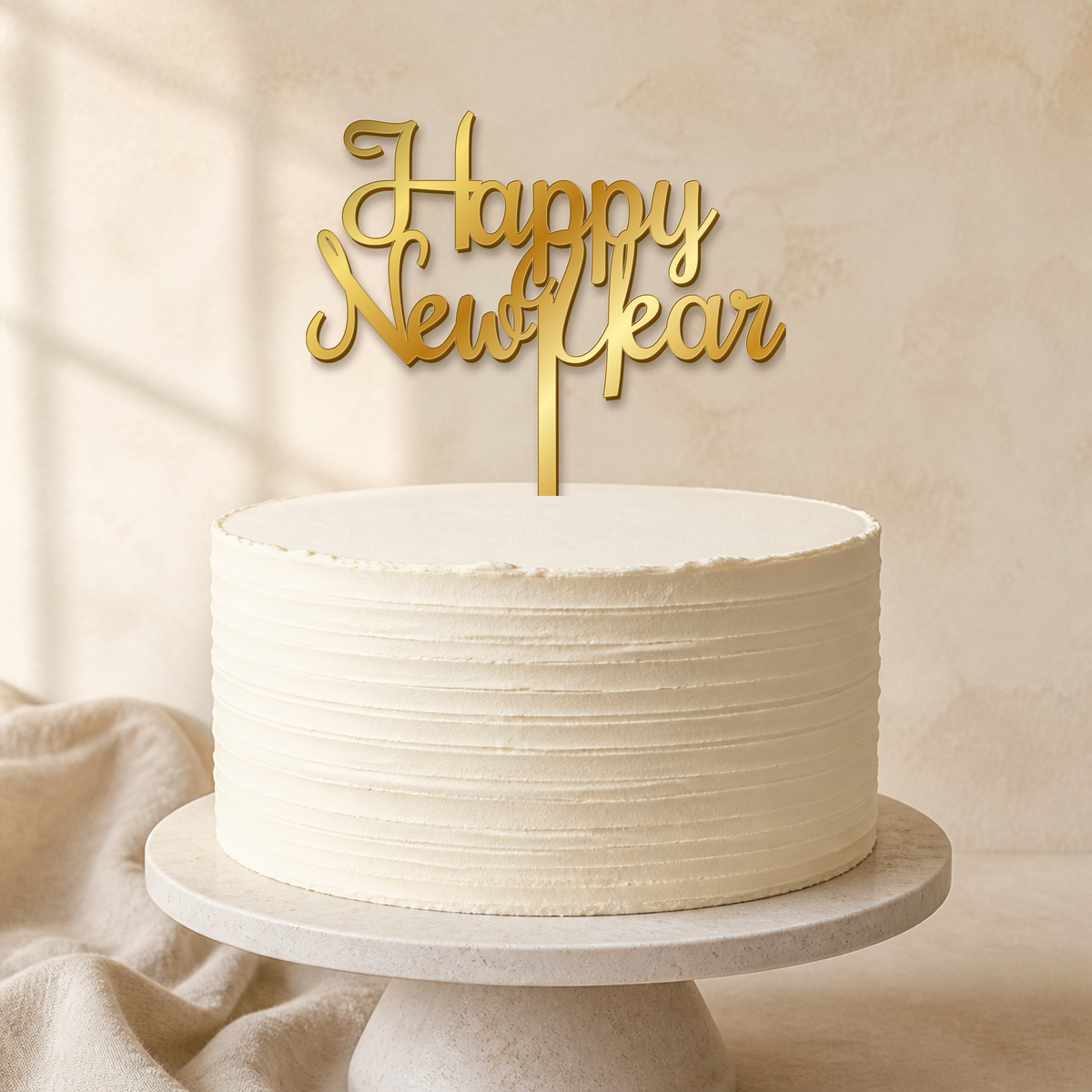 Happy New Year Gold Mirror Acrylic cake topper displayed on a cake