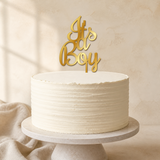 It's a Boy Gold Mirror Acrylic cake topper displayed on a cake