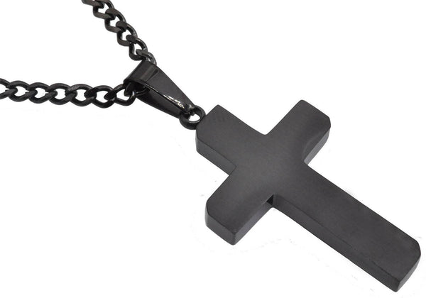 Men's matte black stainless steel cross pendant on a 24-inch curb chain
