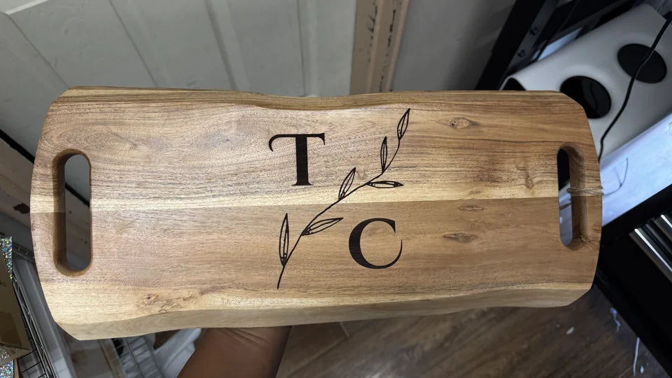 Personalized wooden serving tray with a monogram