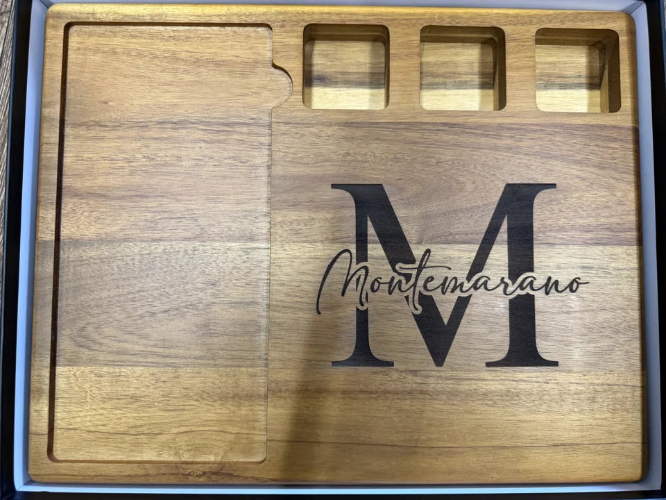 Monogram engraved on a wooden serving board
